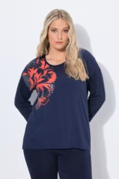 UllaPopken Sequined Flower Tee – navy scoop-neck top with red sequined flower motif, 3/4 sleeves and softly rounded hemline.