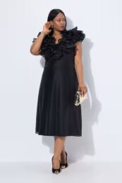 UllaPopken Ruffles Evening Dress – elegant black sleeveless dress with V-neck, dramatic layered ruffles, and flowing A-line silhouette.