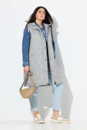 UllaPopken HYPRAR Gilet (Grey) – medium grey quilted long gilet with hood, fleece-lined pockets, and water-repellent finish from Michelle’s Curvy Boutique.