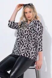 UllaPopken Letter Print Tee – black and white V-neck top with all-over letter design, 3/4 sleeves, side slits, and soft cotton-stretch fabric.