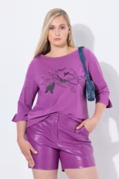 UllaPopken Flower Motif Tee in Blackberry featuring rhinestone and sequin floral design, 3/4 sleeves with slit, and boat neckline.