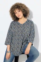 UllaPopken Diamond Print Tee in Atlantic Blue with V-Neck and 3/4 Sleeves