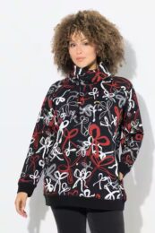 UllaPopken Black Ribbon Cowl Neck – black printed top with red and white ribbon pattern, wide cowl neck, long sleeves, and side pockets.