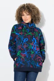 UllaPopken Navy Ribbon Cowl Neck – navy printed top with bright ribbon pattern, wide drawstring cowl neck, long sleeves, and side pockets.
