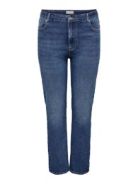Only Cruz Straight Jeans in mid-blue denim with extra high waist and straight leg — ankle length fit with front and back pockets.