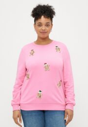 ONLY Gingerbread Man Jumper – sachet pink sweatshirt with sequined gingerbread men, round neck, long sleeves and ribbed cuffs.