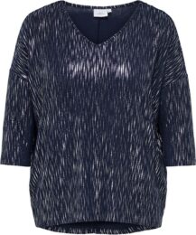 ONLY Carfoila Top in navy with metallic finish, V-neckline, and 3/4 puff sleeves