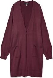 VeroModa Open Cardigan (Maroon) with two front pockets, ribbed cuffs, knee-length fit, and soft viscose-blend knit.