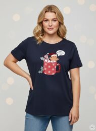 ONLY Gingerbread Christmas T-Shirt – navy cotton tee with sequin gingerbread motif, round neck and short sleeves.