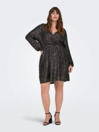 ONLY Short Sequin Dress – magnet grey wrap-style mini dress with V-neck, long sleeves, elasticated cuffs and waist belt.