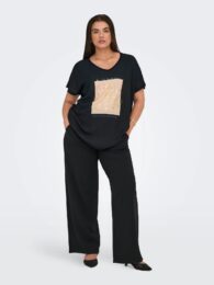 ONLY Carketty Top with V-neck, short sleeves, glitter detail, woven front, and jersey back