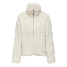 ONLY Caraspen Teddy Jacket – cream zip-up recycled polyester teddy coat with high collar and relaxed fit.