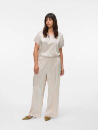 VeroModa High Waist Trousers – metallic silver wide-leg pants with elasticated waistband, foil finish, and relaxed drape.