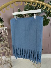 Denim Blue Cosy Scarf – soft wool-blend winter scarf with tassel fringe in denim blue from Michelle’s Curvy Boutique.