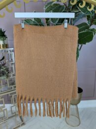 Tan Cosy Scarf – Italian-style wool-blend winter scarf in warm tan with tassel fringe from Michelle’s Curvy Boutique.