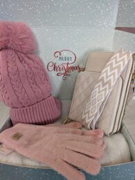 Christmas Gift Box (Pink) with matching pink hat, gloves, cream crossbody bag and winter scarf in a festive gift box