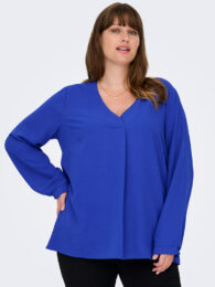 Only Carmetta Blue Blouse – long-sleeve V-neck A-line blouse with smocked cuffs and soft drape.