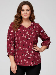 ONLY Zinfandel Floral Blouse – burgundy floral print viscose blouse with V-neck, smocked cuffs, and 3/4 sleeves from Michelle’s Curvy Boutique.