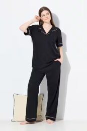 UllaPopken Collared Pyjama Set – black two-piece sleepwear with short-sleeve collared top, elastic waist pants and contrast piping.