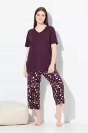 UllaPopken Polka Dot Pyjama Set – plum cotton sleepwear with short-sleeve V-neck top and elastic-waist dot print trousers.