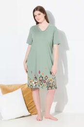 UllaPopken Bloomscape Nightdresses – sage green cotton sleepwear set featuring floral border and all-over prints with V-neck and short sleeves.
