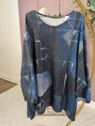 Midnight Mosaic Swing Tunic – blue and grey mosaic-print swing tunic with soft stretch fabric and relaxed drape from Michelle’s Curvy Boutique.