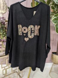 Black Rock Knitted Jumper – black knit with V-neck, dropped shoulders, ¾ sleeves, and sparkle ROCK motif featuring animal print accents.