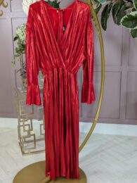The Red Party Shelly Dress – red shimmer faux wrap midi dress with 3/4 sleeves, elasticated waist, and pockets from Michelle’s Curvy Boutique.