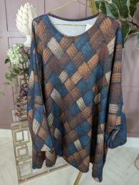 Chestnut Weave Swing Tunic – brown and blue woven-look swing tunic with relaxed fit and soft drape from Michelle’s Curvy Boutique.