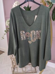 Khaki Rock Knitted Jumper – khaki green knit with V-neck, ¾ sleeves, dropped shoulders, and sequined ROCK motif with animal-print sparkle.