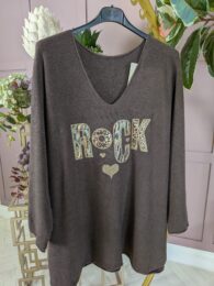 Chocolate Rock Knitted Jumper – brown knit with V-neck, dropped shoulders, ¾ sleeves, and sequined ROCK motif with animal print accents.
