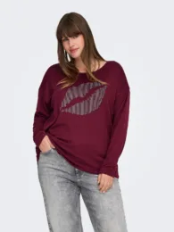 Only Caralba Top – wine long-sleeve soft knit with studded lips print and relaxed fit.