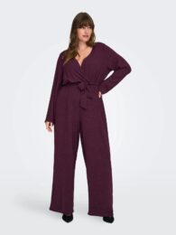 Only Sparkly Wine Jumpsuit – wrap-effect long-sleeve jumpsuit in glossy wine fabric with tie belt and subtle shimmer.