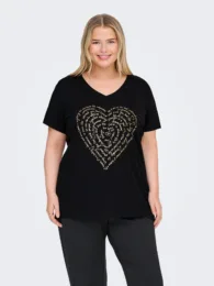 ONLY Carlydia T-Shirt – black organic cotton tee with gold heart text print, v-neck, and short sleeves.