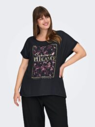 ONLY Elegance T-Shirt – black round-neck top with woven printed front, short sleeves, and soft jersey back.