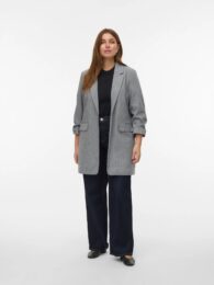 VeroModa 3/4 Sleeve Coat in dark grey with 3/4 length sleeves, fold-up cuffs, front pockets, and polyester lining from Michelle’s Curvy Boutique.