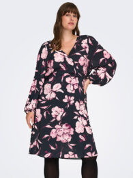 ONLY Carlinka Midi Dress in black with pink floral print, V-neck, balloon sleeves and elasticated waist