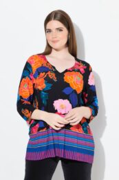 UllaPopken Country Floral Tee with split neckline, 3/4 sleeves and contrast statement hem print