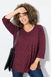UllaPopken Ruby Flower Tee in dark ruby with v-neck, pleated front detail and 3/4 sleeves.