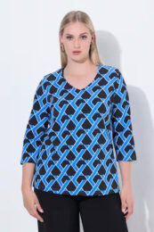 UllaPopken geometric print tee with V-neck and 3/4 sleeves in blue and black