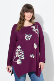 UllaPopken Floral Tee (Berry) with boat neckline, long sleeves and pointed hem in forest berry organic cotton