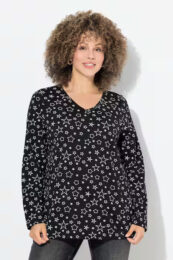 UllaPopken Stars Top in black with V-neck, long sleeves and all-over star print