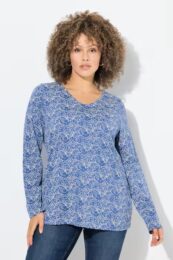 UllaPopken Meadow Top in atlantic blue with V-neck, long sleeves and all-over meadow print