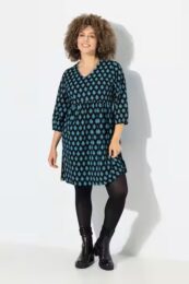Teal Ogee Print Dress by UllaPopken with V-neck, 3/4 sleeves and all-over ogee print.