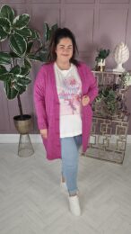UllaPopken Oversized Cardigan in summer berry with deep V-neck, long sleeves and button front
