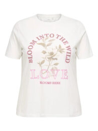 ONLY Love Bloom TShirt in white with floral graphic and pink slogan print, round neck and short sleeves