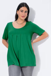 UllaPopken Essential Tee Emerald Green A-line top with round neck short sleeves and soft draped front pleats