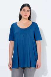 UllaPopken Essential Tee Ink Blue A-line top with round neck short sleeves and soft pleated front detail