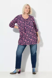 UllaPopken Floral Knit Tunic in navy with pink floral print, square neckline, long sleeves and relaxed A-line silhouette