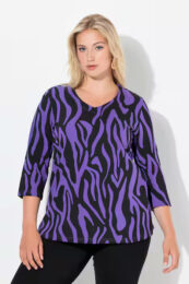UllaPopken Purple Zebra Tee plus size purple and black zebra print V-neck top with 3/4 sleeves and side slits